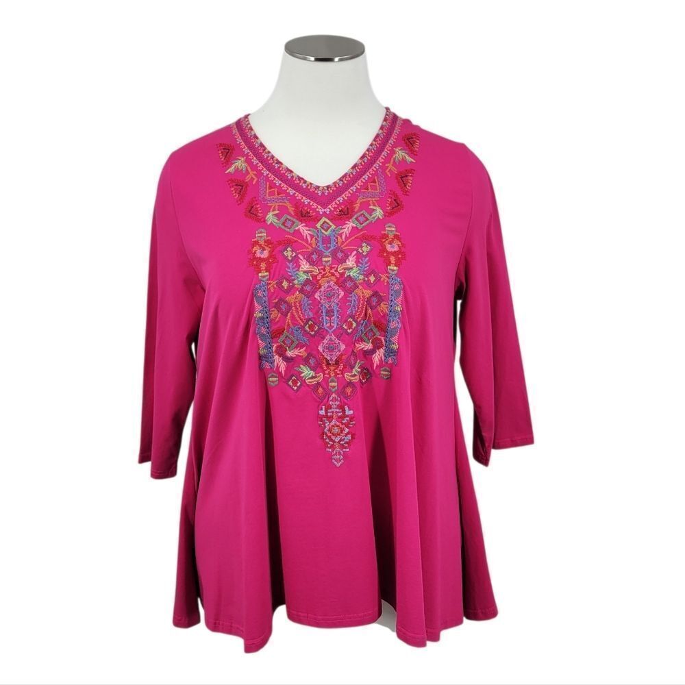 Calessa Cotton Embroidered Pink Women's Plus Size Top Boho Tunic Tee